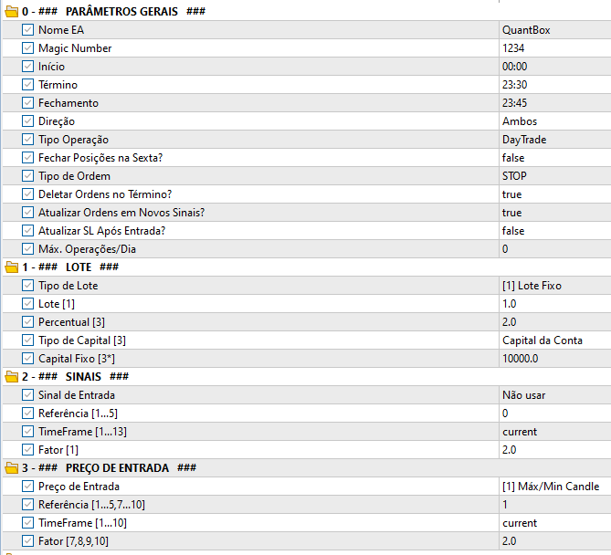 Parâmetros do QuantBox